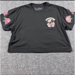 Weekend Warrior Womens Love Rose & Skull Crop Top Black Graphic Tee Size M